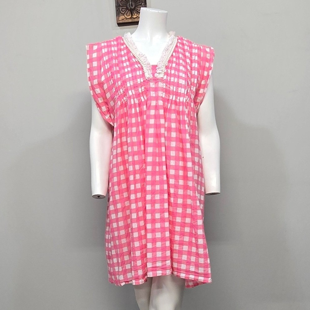 Jude Connally‎ Pink Gingham Mini Tunic Dress Medium Cotton Cottagecore Summer